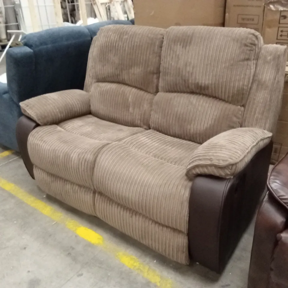 DESIGNER 2 SEATER FAUX LEATHER & CORDUROY FABRIC MANUAL RECLINER SOFA - BROWN