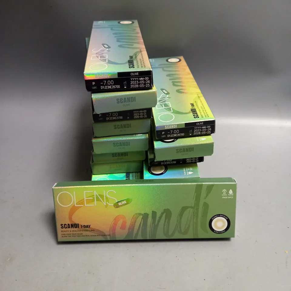 APPROXIMATELY 15 BOXED OLENS OLIVE SCANDI 1-DAY 10PCS CONTACT LENS