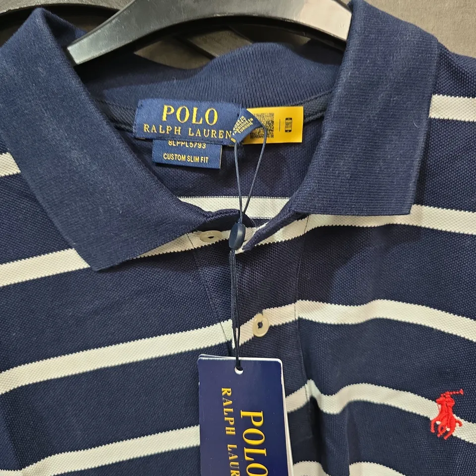 POLO RALPH LAUREN CUSTOM SLIM FIT STRIPED POLO SHIRT – NAVY & WHITE, MEN’S