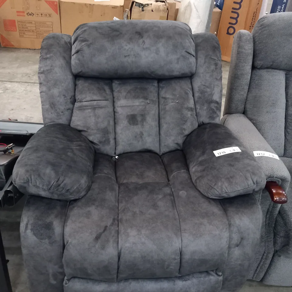 DESIGNER GREY VELVET EFFECT FABRIC ELECTRIC RECLINING ARM CHAIR