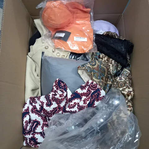 BOX OF ASSORTED CLOTHING ITEMS TOO INCLUDE JUMPERS, SHIRTS AND TROUSERS IN VARIOUS SIZES AND COLOURS