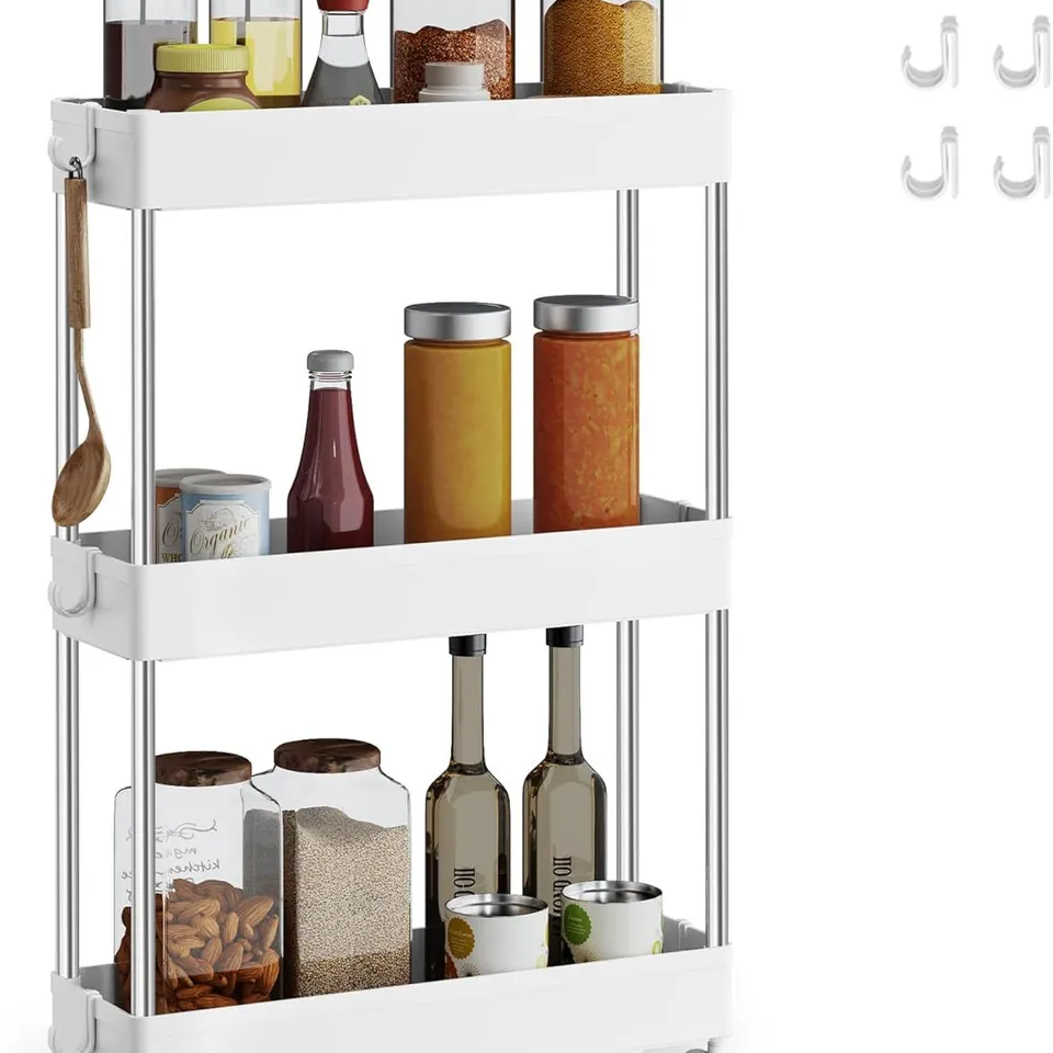 BOXED SONGMICS 3-TIER STORAGE TROLLEY, ROLLING CART WITH WHEELS - WHITE