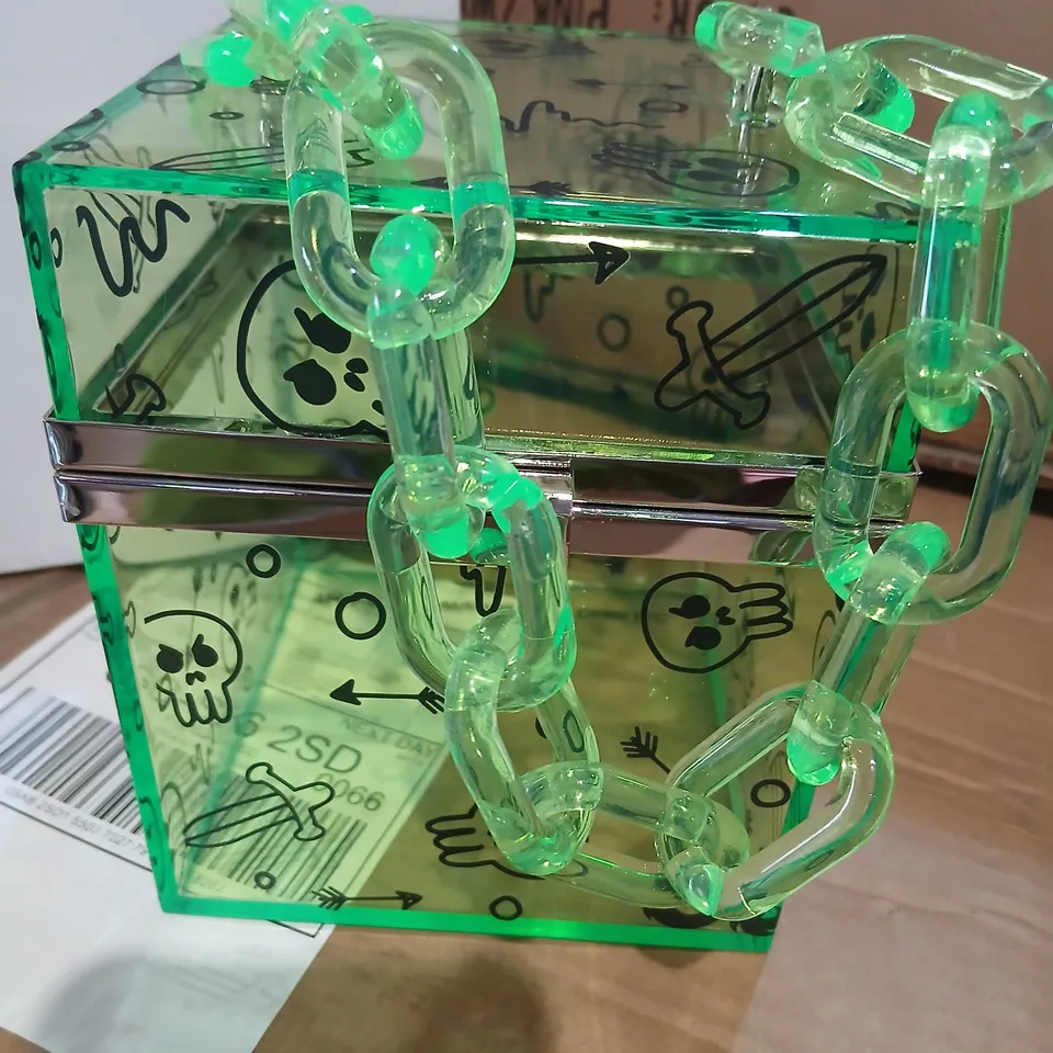 KOI NEON GREEN ACRYLIC DISPLAY BOX WITH SKULL MOTIF AND CHROME TRIM