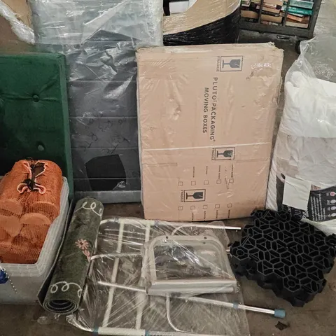 LOT OF 10 ASSORTED HOUSEHOLD ITEMS TO INCLUDE MOVING BOXES, SINGLE HEADBOARD, WOODEN LOGS AND ZIMMER FRAME 