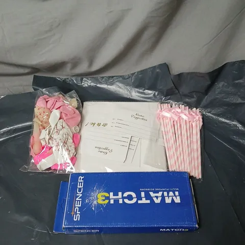 APPROXIMATELY 15 ASSORTED HOUSEHOLD ITEMS TO INCLUDE BALLOONS, STRAWS, NAME SUGGESTION CARD SET, SPENCER SCISSORS ETC