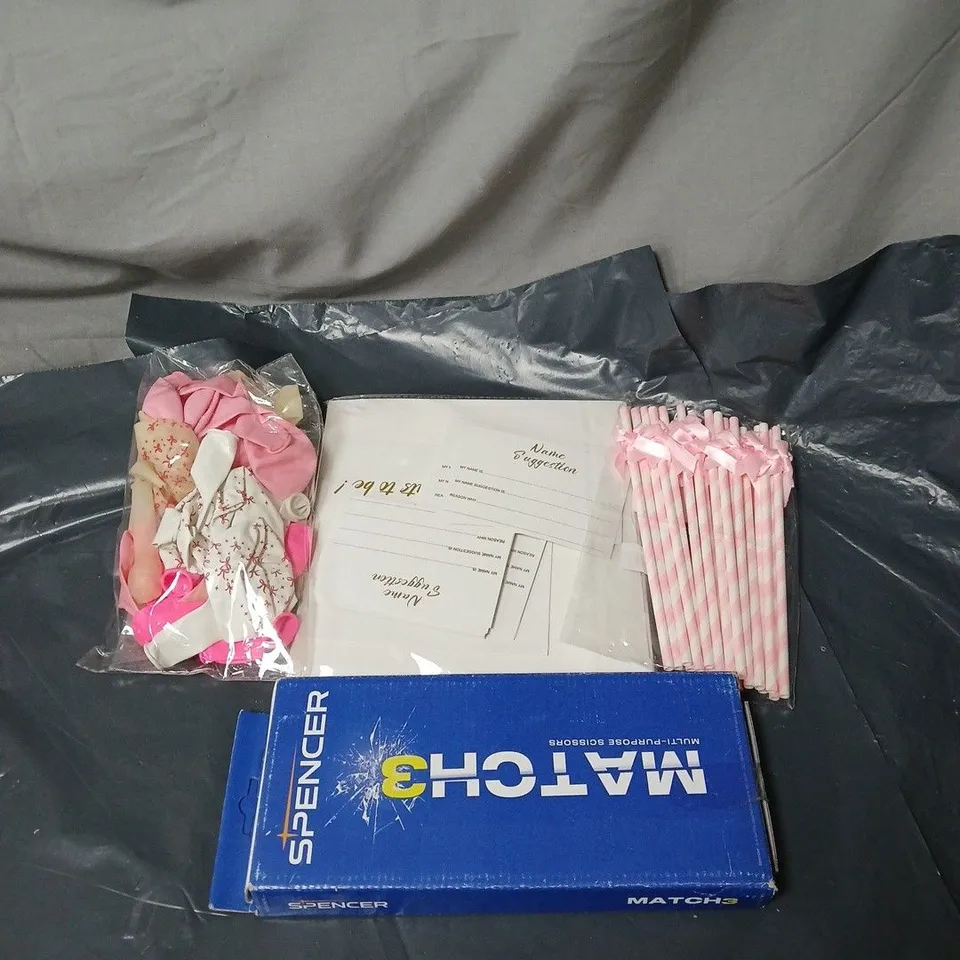 APPROXIMATELY 15 ASSORTED HOUSEHOLD ITEMS TO INCLUDE BALLOONS, STRAWS, NAME SUGGESTION CARD SET, SPENCER SCISSORS ETC