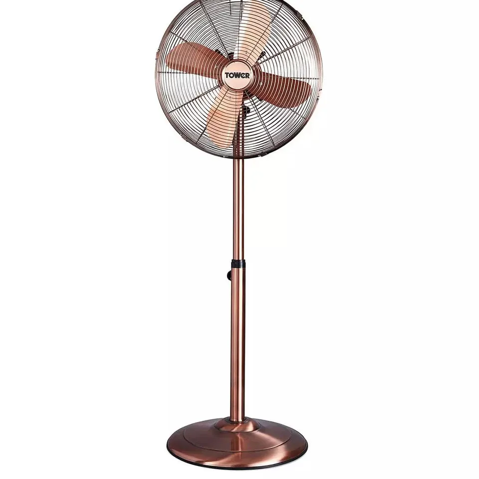 BOXED TOWER T637000C METAL PEDESTAL FAN WITH 3 SPEEDS, AUTOMATIC OSCILLATION, LONG-LIFE MOTOR, 16 INCH, 50W, COPPER (1 BOX)