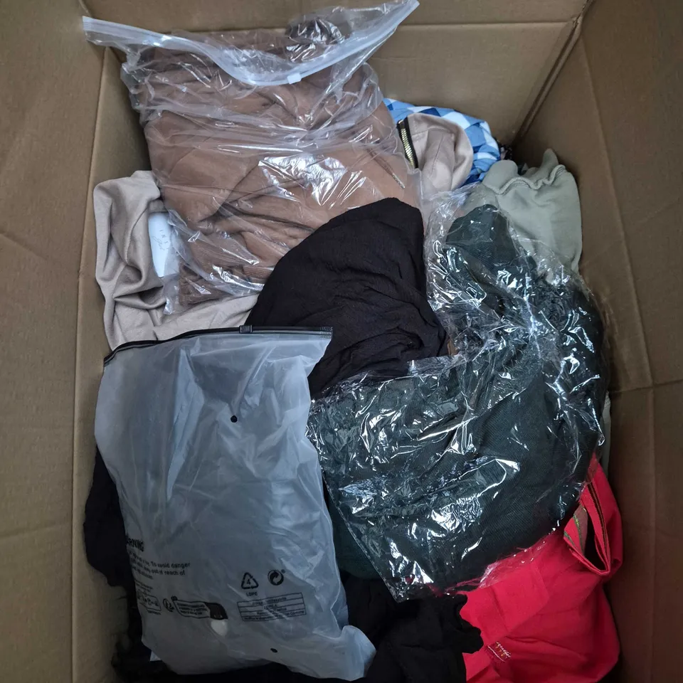 LARGE BOX OF APPROXIMATELY 25 ASSORTED CLOTHING ITEMS IN VARIOUS COLOURS, STYLES AND SIZES - COLLECTION ONLY