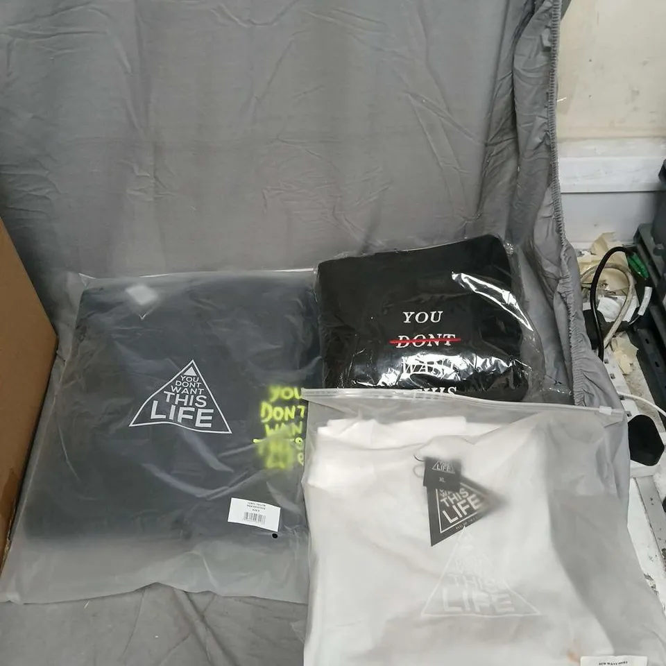 T-SHIRT WITH 'YOU DON'T WANT THIS LIFE' SLOGAN AND HOODIES APPROXIMATELY 25 ITEMS .