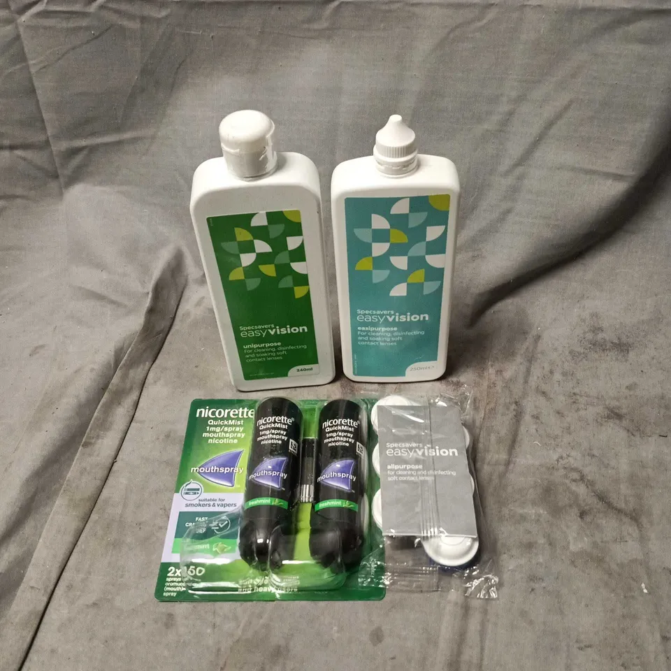 APPROXIMATELY 30 ASSORTED MEDICAL RELATED PRODUCTS TO INCLUDE SPECSAVERS CONTACT LENS CLEANSER, NICORETTE QUICK MIST ETC