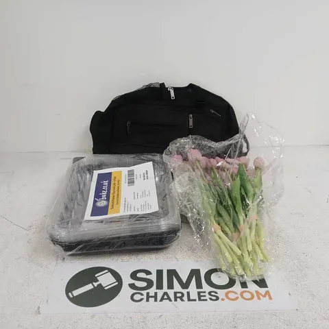 BOX OF APPROXIMATELY 20 ASSORTED ITEMS TO INCLUDE BACK PACK, FLOWER DECORATIONS, PLATTER TRAYS WITH LIDS SET ETC