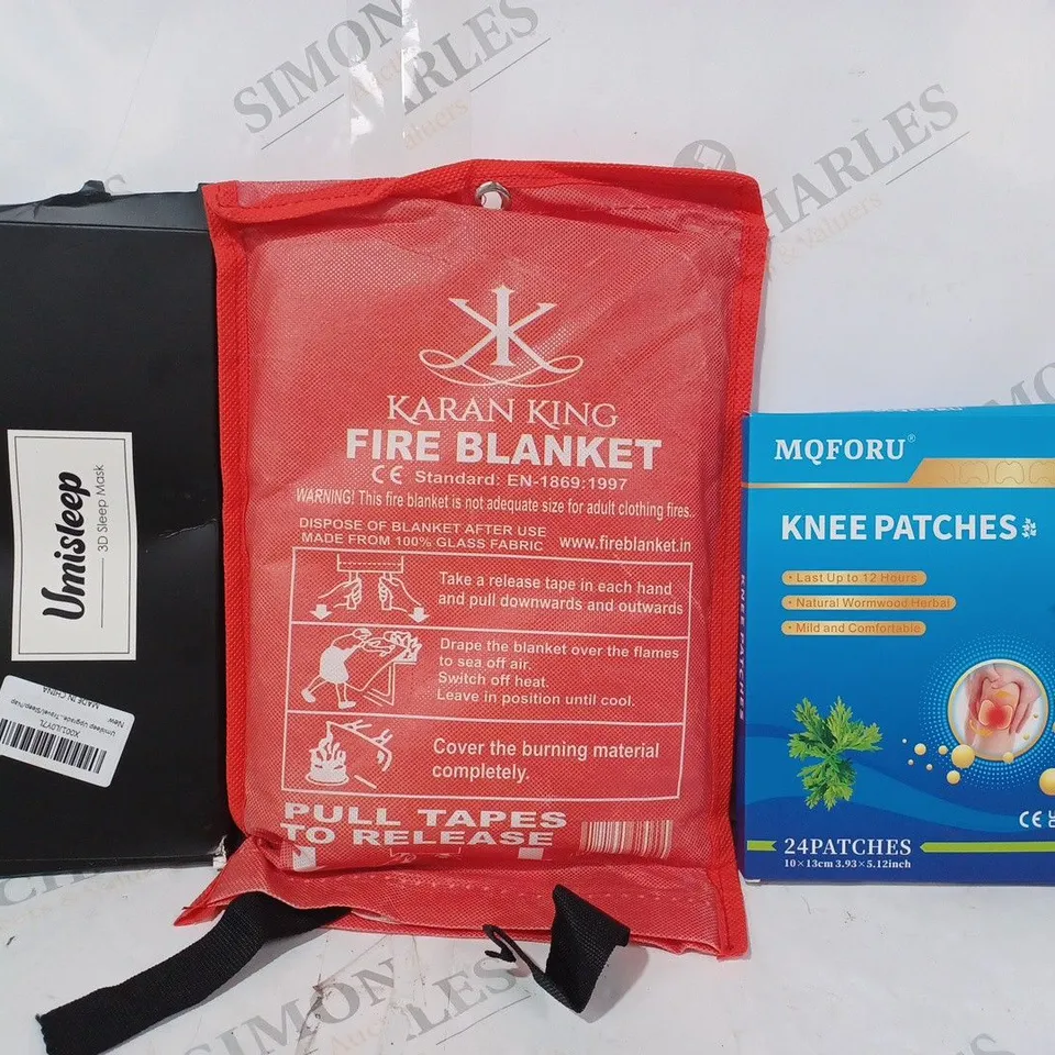 BOX OF APPROXIMATELY 15 ASSORTED HOUSEHOLD ITEMS TO INCLUDE MQFORU KNEE PATCHES, KARAN KING FIRE BLANKET, UMISLEEP 3D SLEEP MASK, ETC