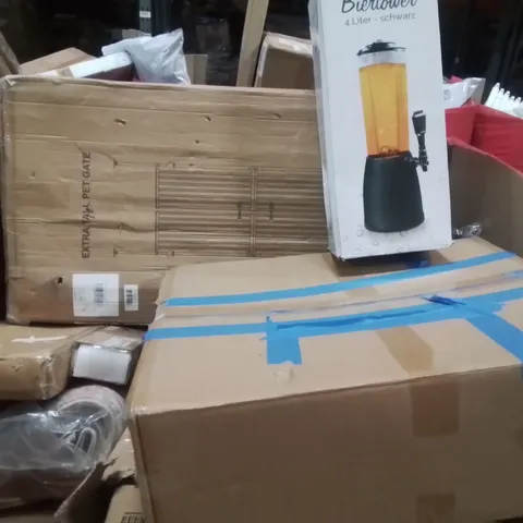 PALLET CONTAINING VARIOUS ASSORTED BOXED HOUSEHOLD ITEMS TO INCLUDE: EXTERNAL PET GATE, 4 LITRE DRINKS DISPENSER,  LARGE RUG AND LOTS MORE UNMARKED BOXED ITEMS 