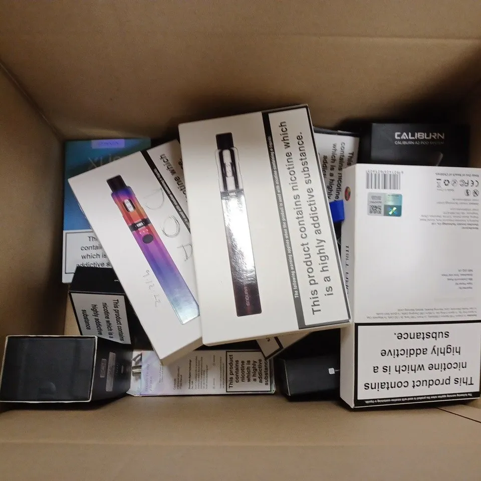 BOX OF APPROX 12 ASSORTED E-CIGARETTES TO INCLUDE - CALIBURN A2 POD SYSTEM - OXVA XLIM XTREME FLAVOR - VOOPOO VINCI Q ECT 