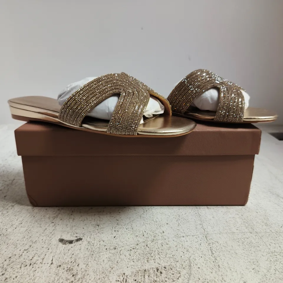 BOXED PAIR OF CARVELA GALA MULES IN GOLD W. JEWEL DETAIL SIZE EU 39