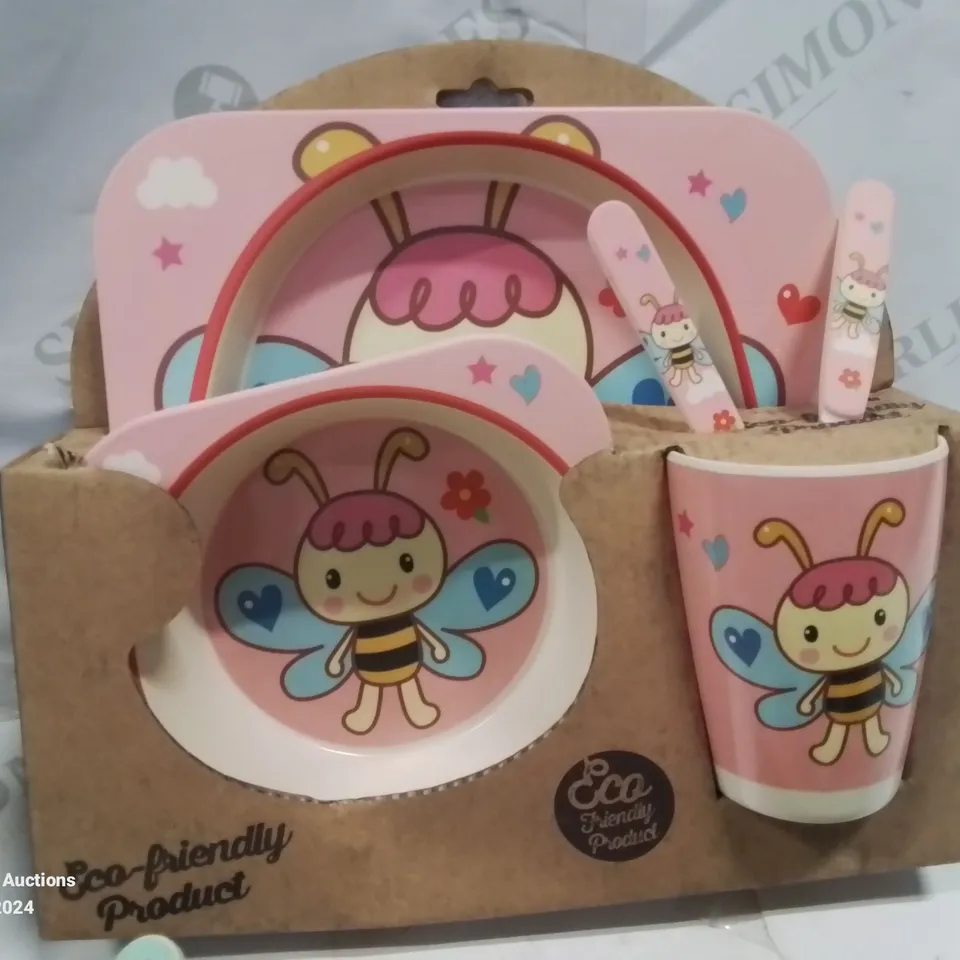 12 SETS OF CHILDREN'S ECO FRIENDLY PLATE, BOWL, CUP AND CUTLERY SETS.