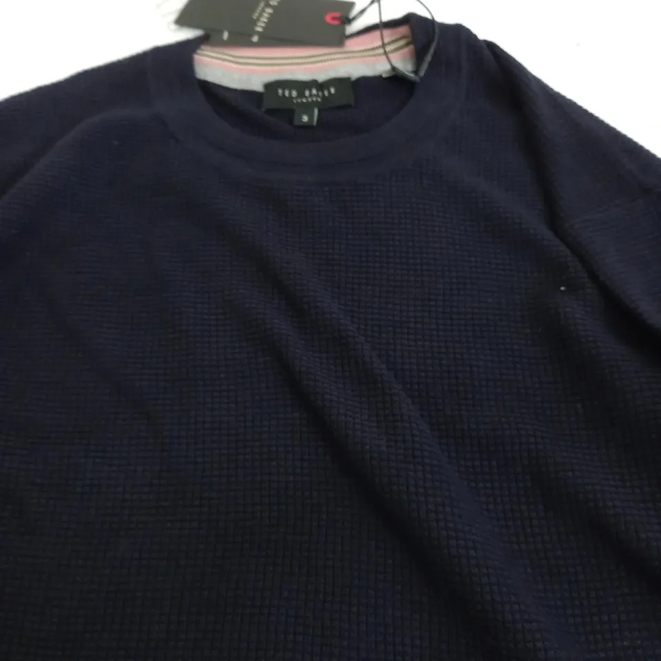 TED BAKER TEXTURED CREW NECKJUMPER IN NAVY - SIZE 3