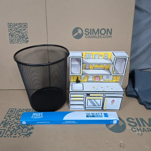 CAGE OF APPROXIMATELY 10 ASSORTED ITEMS TO INCLUDE - WASTE PAPER BASKET, PISCES 36 WATT BULB AND A TOY KITCHEN - COLLECTION ONLY