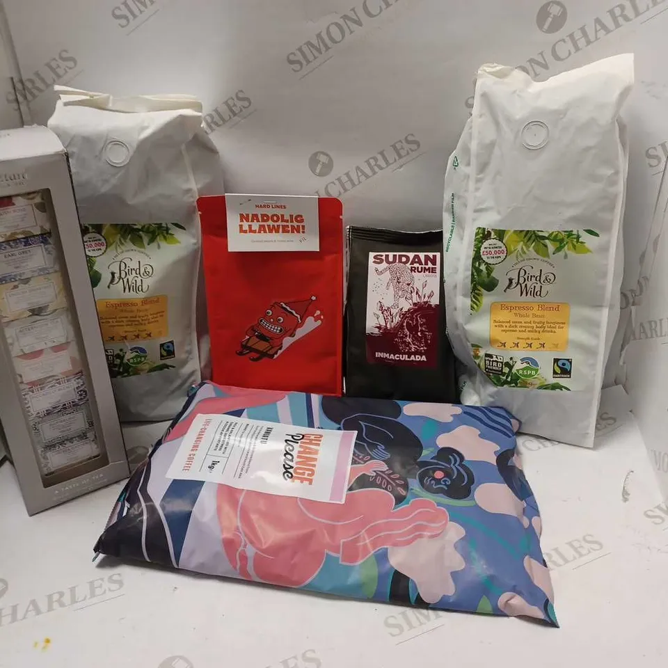 LOT OF APPROXMATELY 6 ITEMS TO INCLUDE SUDAN RUME INMACULADA COFFEE BEANS (150g), CHANGE PLEASE VANUATU ESPRESSO BEANS (1KG), BIRD & WILD ESPRESSO BLEND (1KG), ETC