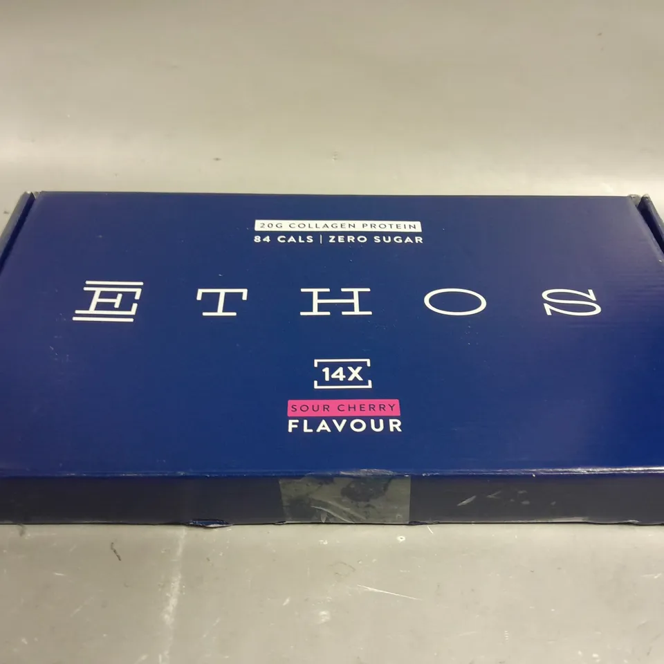 BOXED ETHOS COLLAGEN PROTEIN POUCH SHOTS - 14 X 63G - SOUR CHERRY  