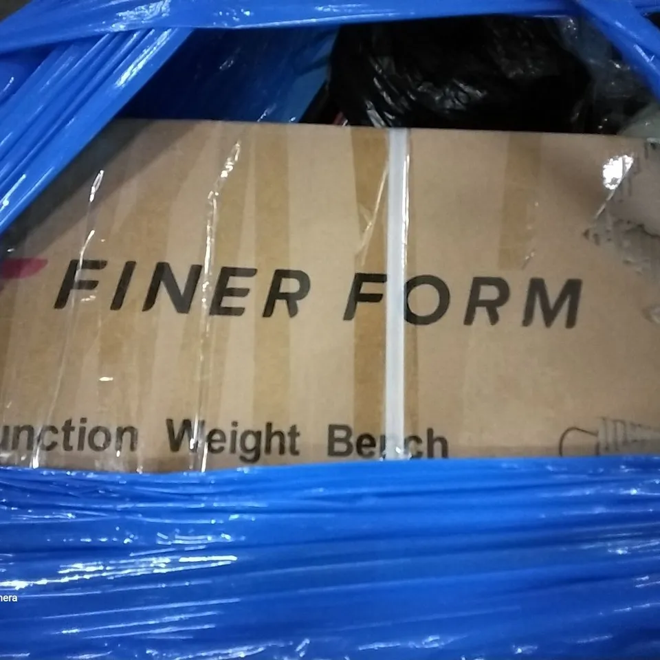PALLET OF ASSORTED ITEMS INCLUDING FINER FORM WEIGHT BENCH, VESGANTTI, MAGIC LIFE EXERCISE BIKE