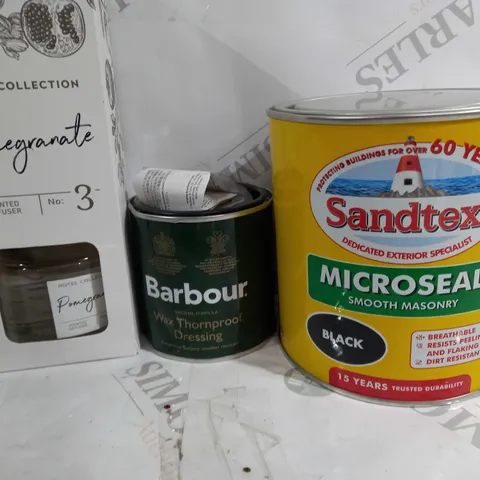 APPROX 10 HOUSEHOLD TO INCLUDE SCENTED DIFFUSER, SANDTEX MICROSEAL, BAROUR WAX THORNPROOF DRESSING