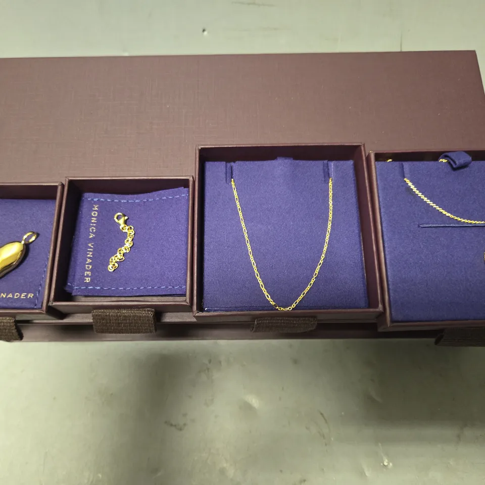 BOXED MONICA VINADER GIFT SET TO INCLUDE - GOLDEN NECKLACE , GOLDEN NECKLACE WITH HEART , HEART CHARM ETC