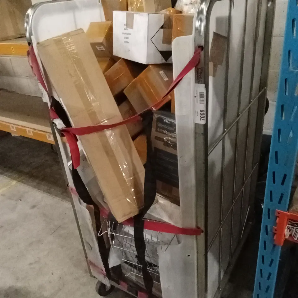 CAGE OF ASSORTED HOUSEHOLD GOODS AND PRODUCTS TO INCLUDE; CHRISTMAS DECORATIONS, DISH RACK, FURNITURE, DEHUMIDIFIER ETC