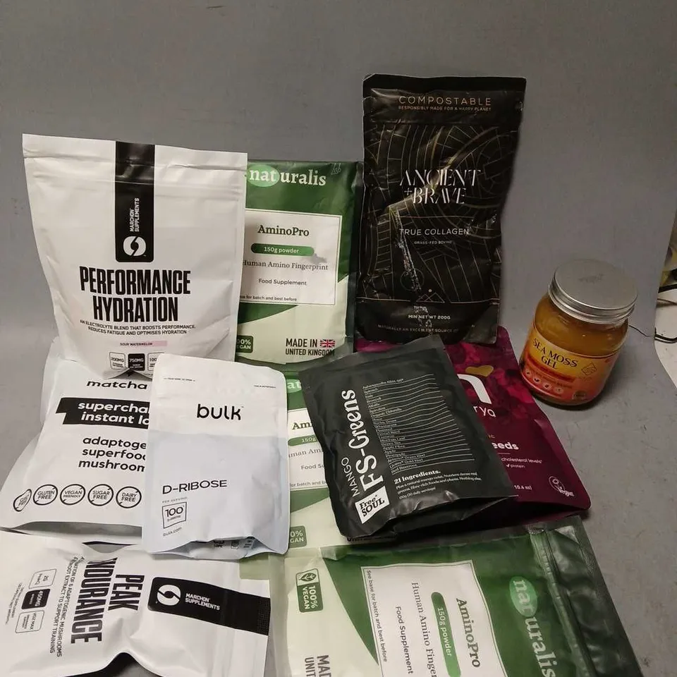 APPROXIMATELY 10 ASSORTED SUPPLEMENTS TO INCLUDE ANCIENT+BRAVE TRUE COLLAGEN (200g), NATURALIS AMINOPRO (150g), MARCHON SUPPLEMENTS PERFORMANCE HYDRATION (300g), ETC