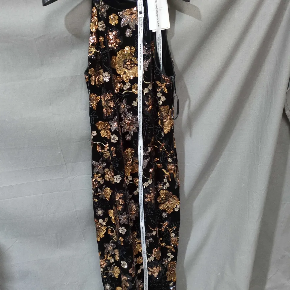 CLUB LONDON VELVET HALTERNECK MAXI DRESS – BLACK WITH BRONZE FLORAL SEQUINS (UK 12)