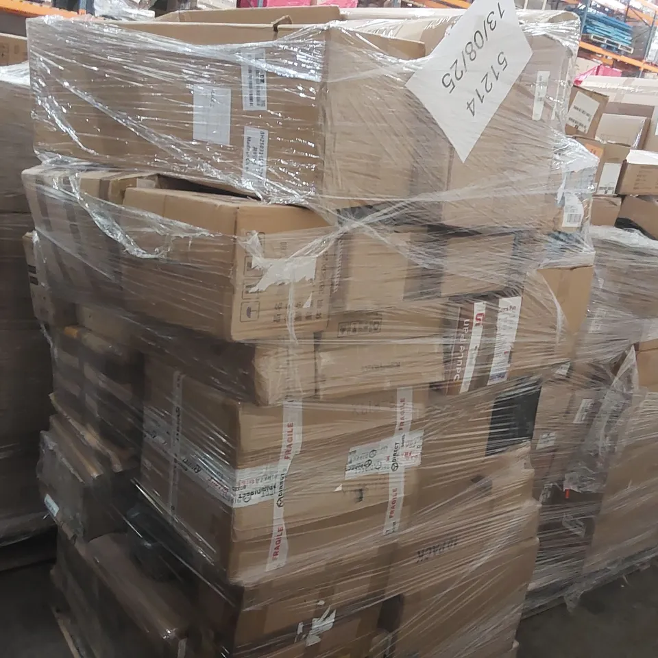 PALLET CONTAINING A LARGE ASSORTMENT OF CONSUMER PRODUCTS INCLUDING: GAMING STEERING WHEEL, HEATED BLANKET, SAUCE PAN SET ECT