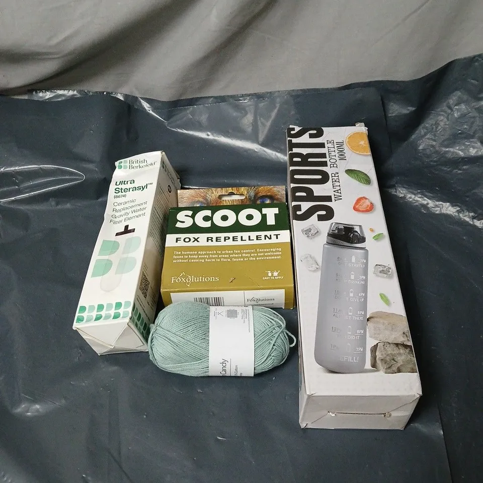 APPROXIMATELY 15 ASSORTED HOUSEHOLD ITEMS TO INCLUDE SPORTS WATER BOTTLE, FOX REPELLENT, YARN, WATER FILTER ELEMENT ETC