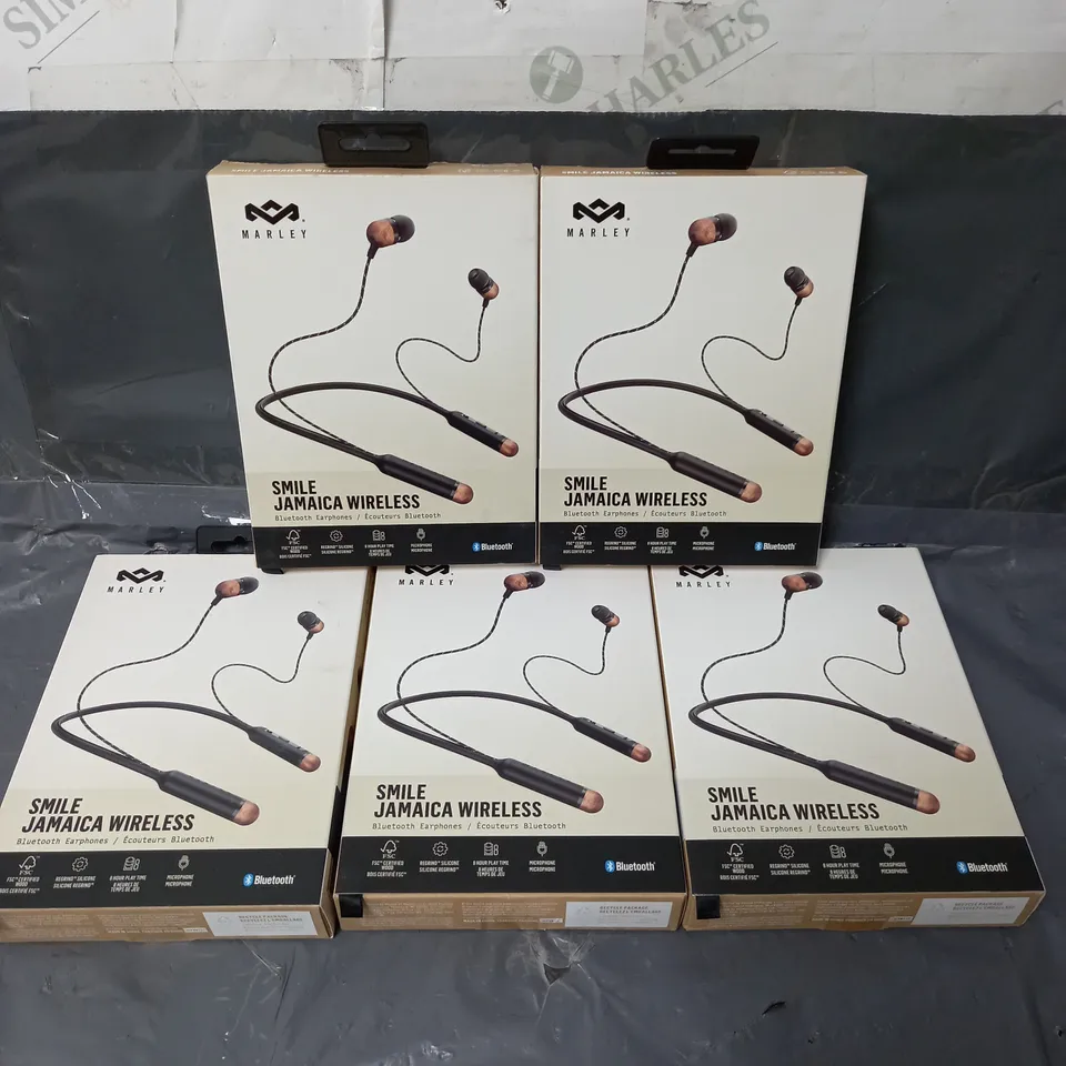 5 X BOXED MARLEY SMILE JAMAICA WIRELESS BLUETOOTH EARPHONES IN BLACK 