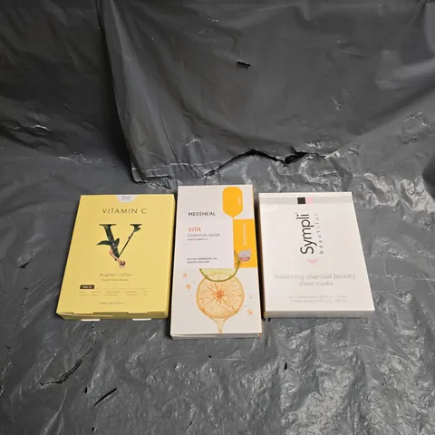 LOT OF 3 ASSORTED FACIAL SKINCARE MASKS TO INCLUDE - SYMPLI BEAUTIFUL BALANCING CHARCOAL - MEDIHEAL VITA ESSENTIAL - RAEL BEAUTY VITAMIN C