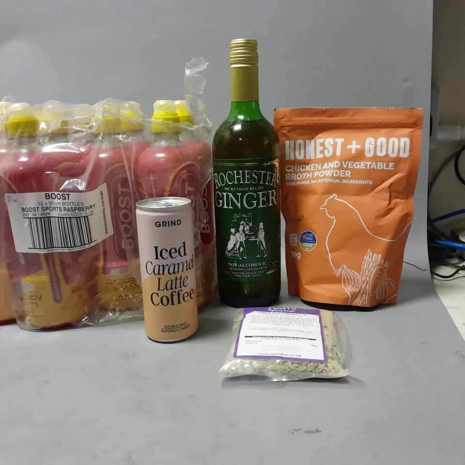 LOT OF ASSORTED FOOD ITEMS TO INCLUDE CUMIN RICE, GRIND CARAMEL LATTE, ETC