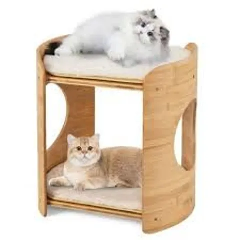 BOXED 2-TIER ELEVATED CAT BED CAT TOWER WITH NATURAL BAMBOO FRAME-NATURAL & WHITE