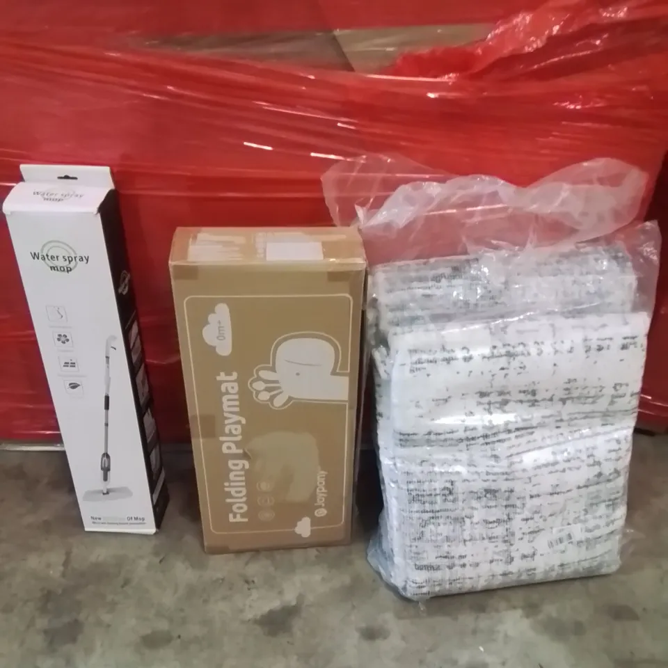 PALLET OF ASSORTED HOUSEHOLD GOODS AND PRODUCTS TO INCLUDE;WATER SPRAY MOP,PLAYMAT,AREA RUG