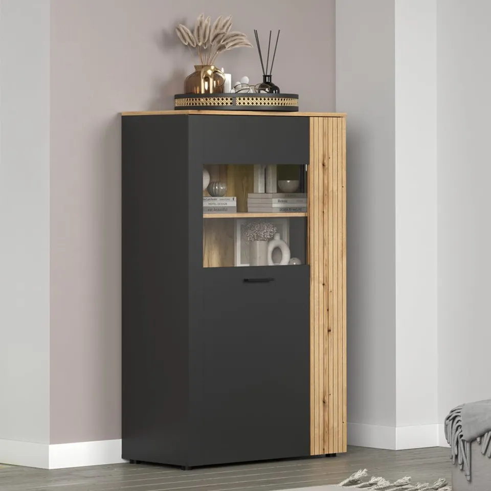 BRAND NEW BOXED ESTERO WOODEN HIGHBOARD WITH 2 DOORS IN ANTHRACITE AND OAK (2 BOXES)