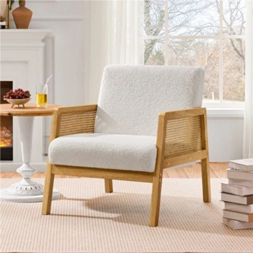 BOXED YAHEETECH UPHOLSTERED LOUNGE CHAIR WITH RATTAN ARMRESTS - IVORY