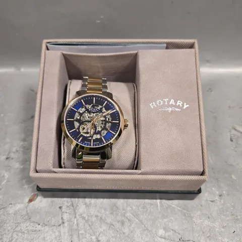 BOXED ROTARY MENS SKELETON DIAL WATCH 