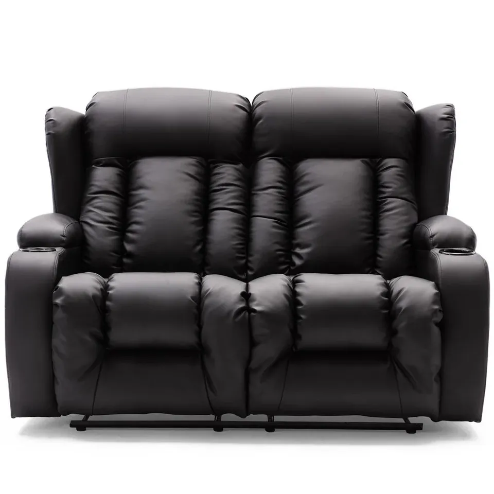 BOXED DESIGNER CAESAR POWER RECLINING TWO SEATER SOFA BLACK LEATHER 