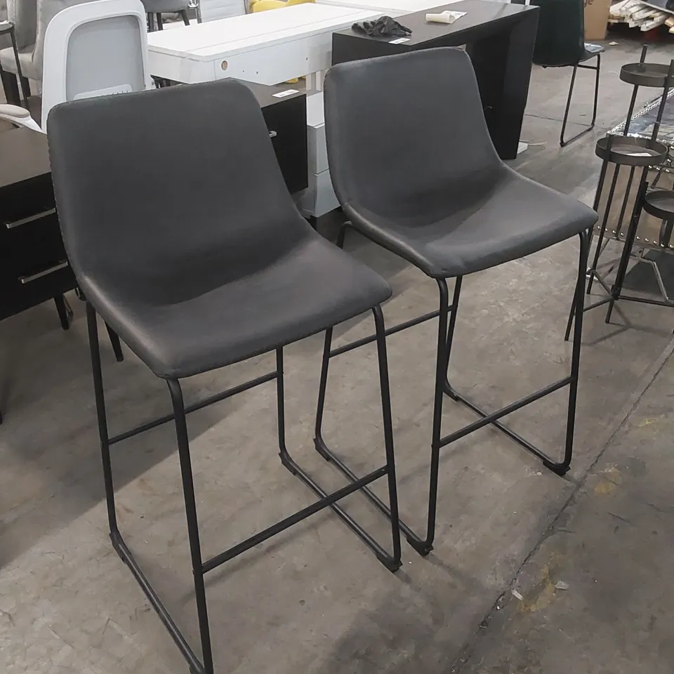 SET OF 2 GREY LEATHER BAR STOOLS 