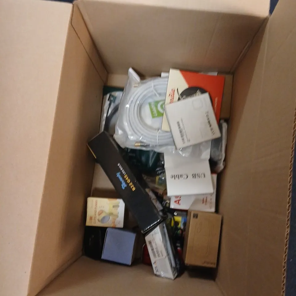 BOX OF APPROXIMATELY 10 ASSORTED ITEMS INCLUDING SPORT BAND AND SMART TV REMOTE CONTROL TRANSMITTER