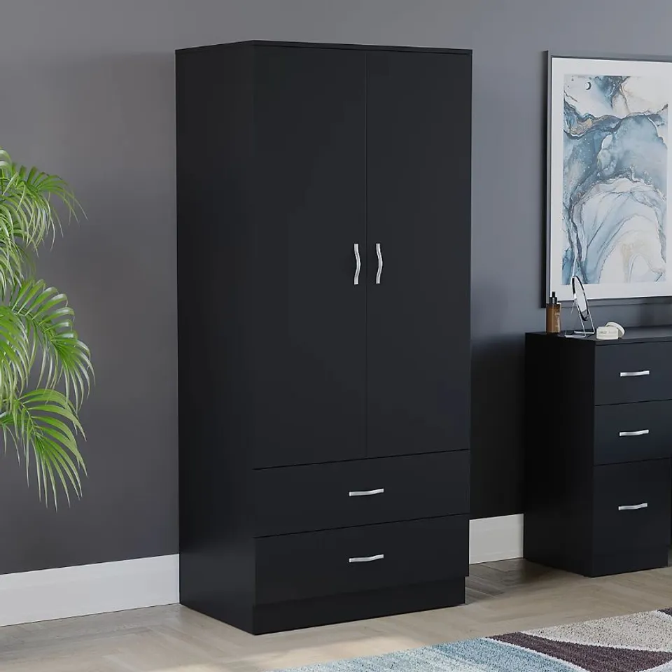 BOXED RIANO 2 DOOR 2 DRAWER WARDROBE - BLACK (2 BOXES)