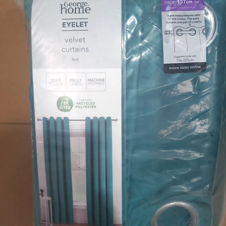 BAGGED HOME EYELET VELVET CURTAINS TEAL 168CM X 137CM