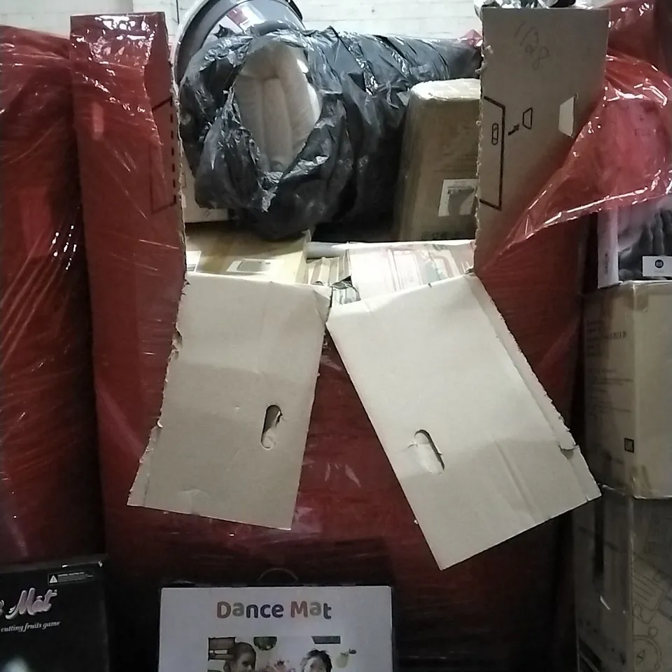 PALLET OF HOUSEHOLD ITEMS TO INCLUDE TENT,TOILET SEAT, DANCE MAT, CAMERA DANCE MAT AND OTHER ASSORTED ITEMS...