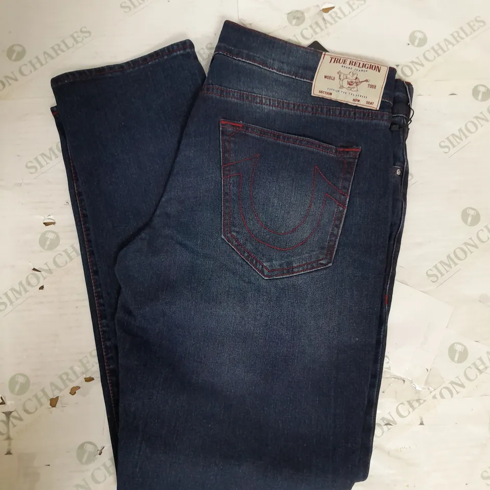TRUE RELIGION GENO RELAXED SLIM CONTRAST STITCH JEAN IN DARK BLUE SIZE 36W