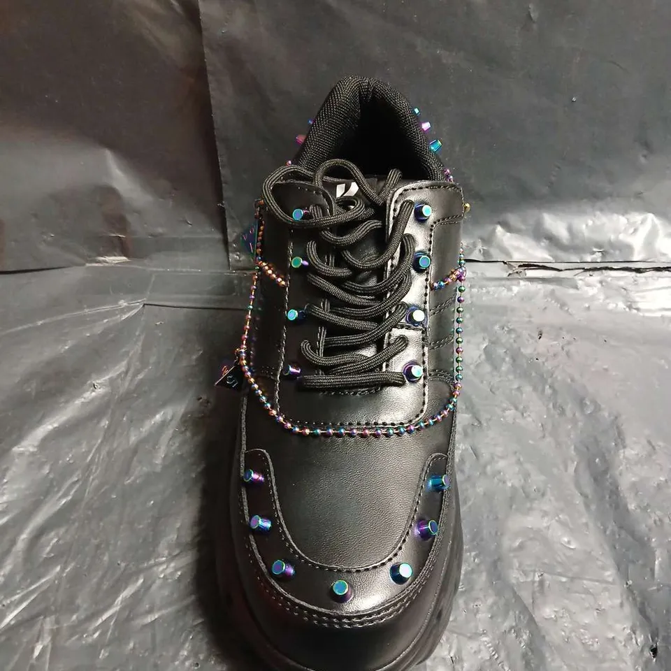 BOXED PAIR OF KOI BLACK PLATFORM SNEAKERS WITH MULTICOLOUR BEAD EMBELLISHMENT - UK SIZE 6