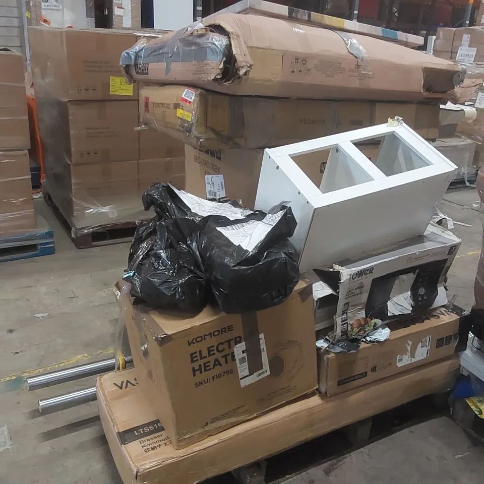 PALLET CONTAINING A LARGE QUANTITY OF ASSORTED ITEMS INCLUDING: FURNITURE PARTS, PAINTING, ELECTRIC HEATER ECT