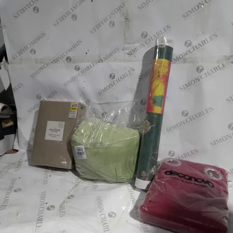 BOX OF APPROXIMATELY 8 ASSORTED ITEMS TO INCLUDE - EYELET CURTAINS - NEXT DEEP FITTED SHEETS - ART COLOUR WALL PAPER ECT